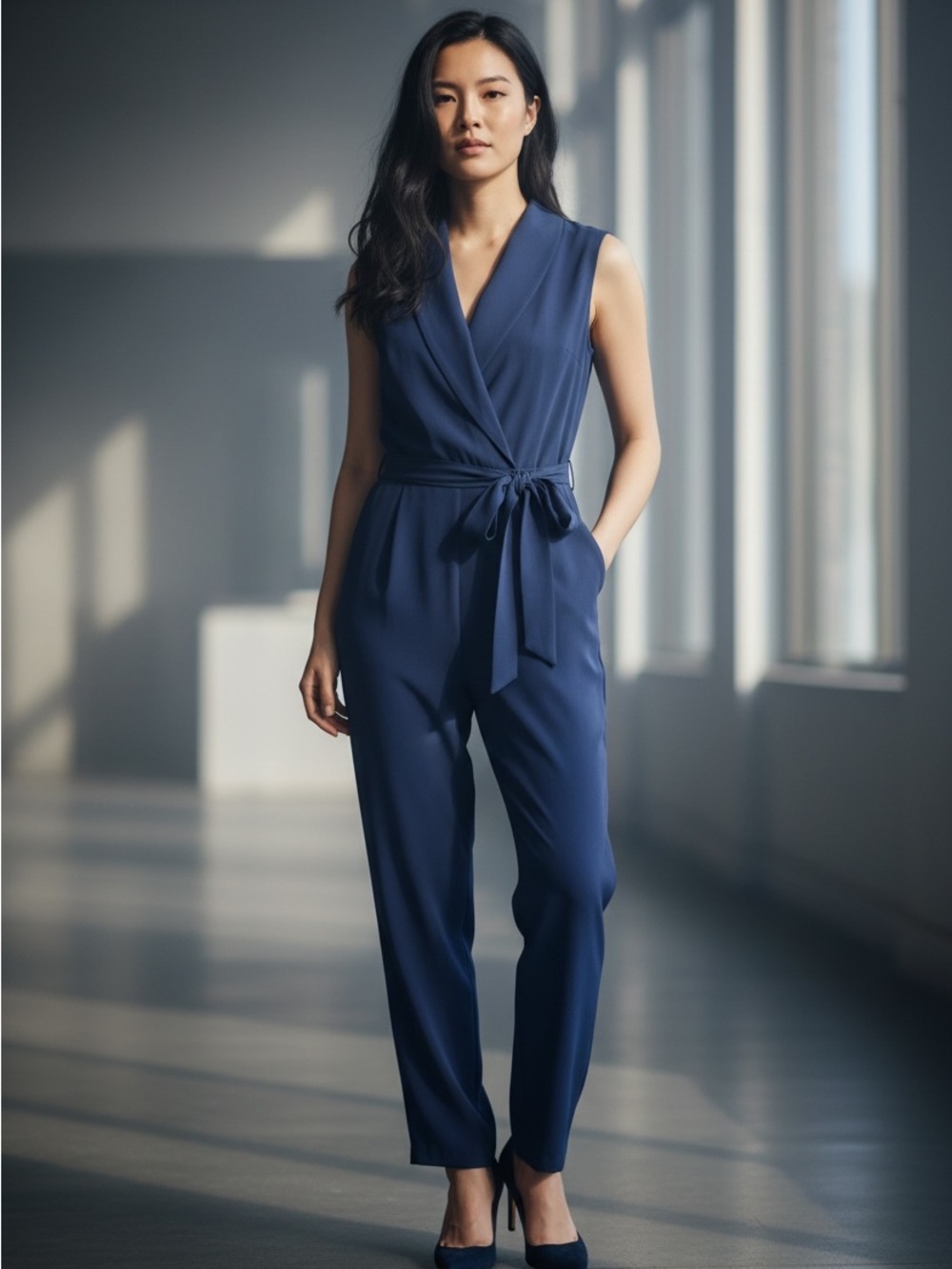 H by Halston Cobalt blue Sleeveless Wrap Jumpsuit with Tie Belt size XS